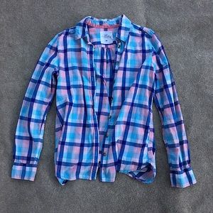 H&M flannel button up pink blue peach Plaid sz s